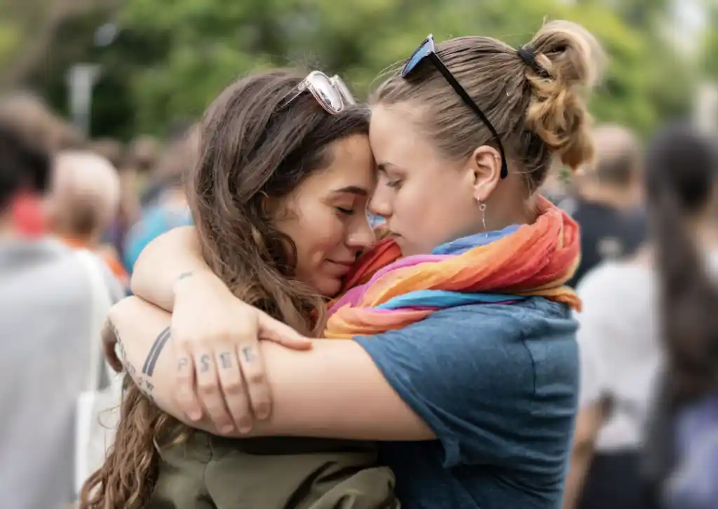 happy lgbt couple hugging